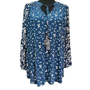 Mason & Belle Caseey Tassel Top, Blue Floral 3/4 Sleeve Boho Blouse, Small